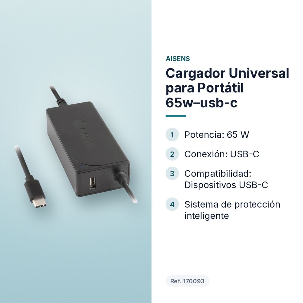 CARGADOR UNIVERSAL PARA PORTÁTIL 65W–USB-C - características principales