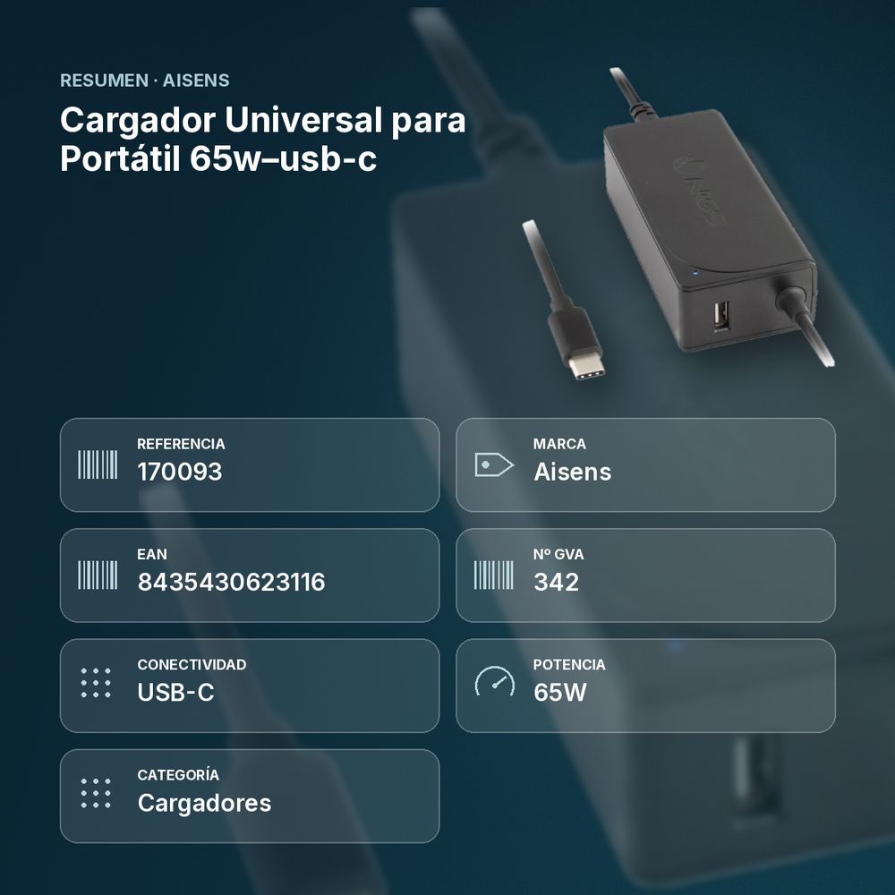CARGADOR UNIVERSAL PARA PORTÁTIL 65W–USB-C - resumen de atributos
