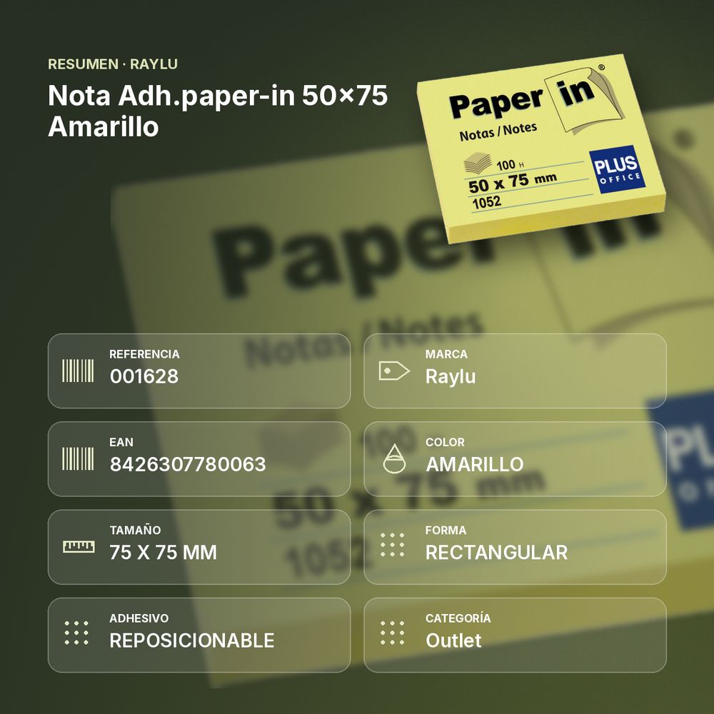 NOTA ADH.PAPER-IN 50X75 AMARILLO - resumen de atributos
