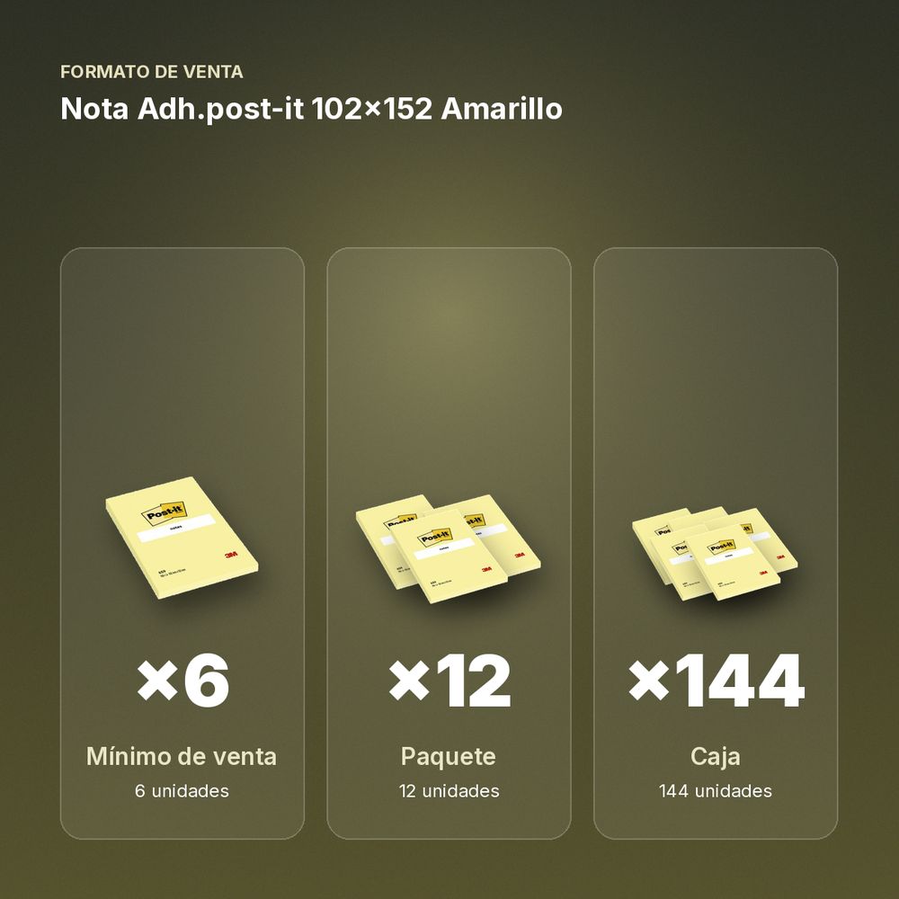 NOTA ADH.POST-IT 102X152 AMARILLO - formato de venta: paquete de 12, caja de 144