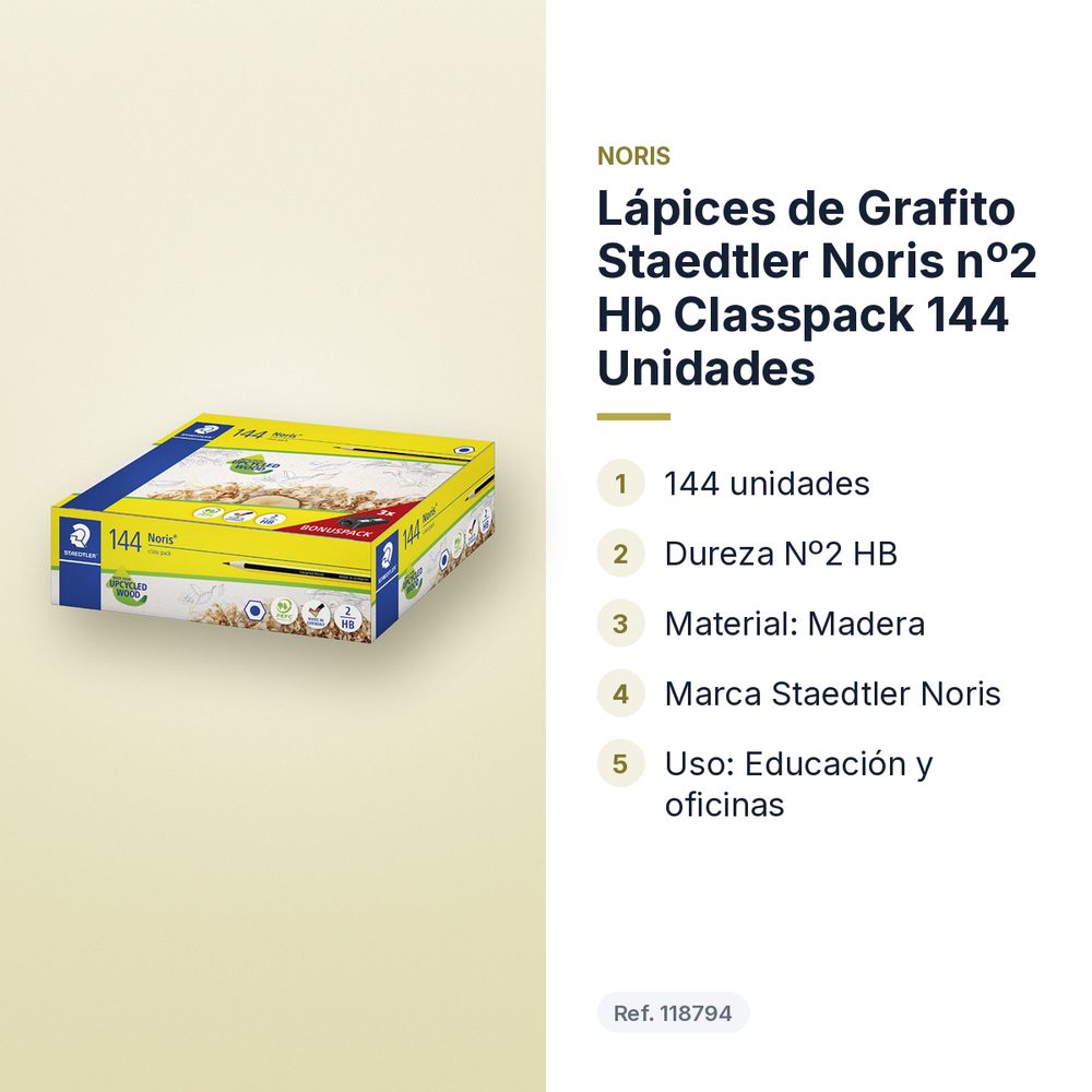LÁPICES DE GRAFITO STAEDTLER NORIS Nº2 HB CLASSPACK 144 UNIDADES - características principales