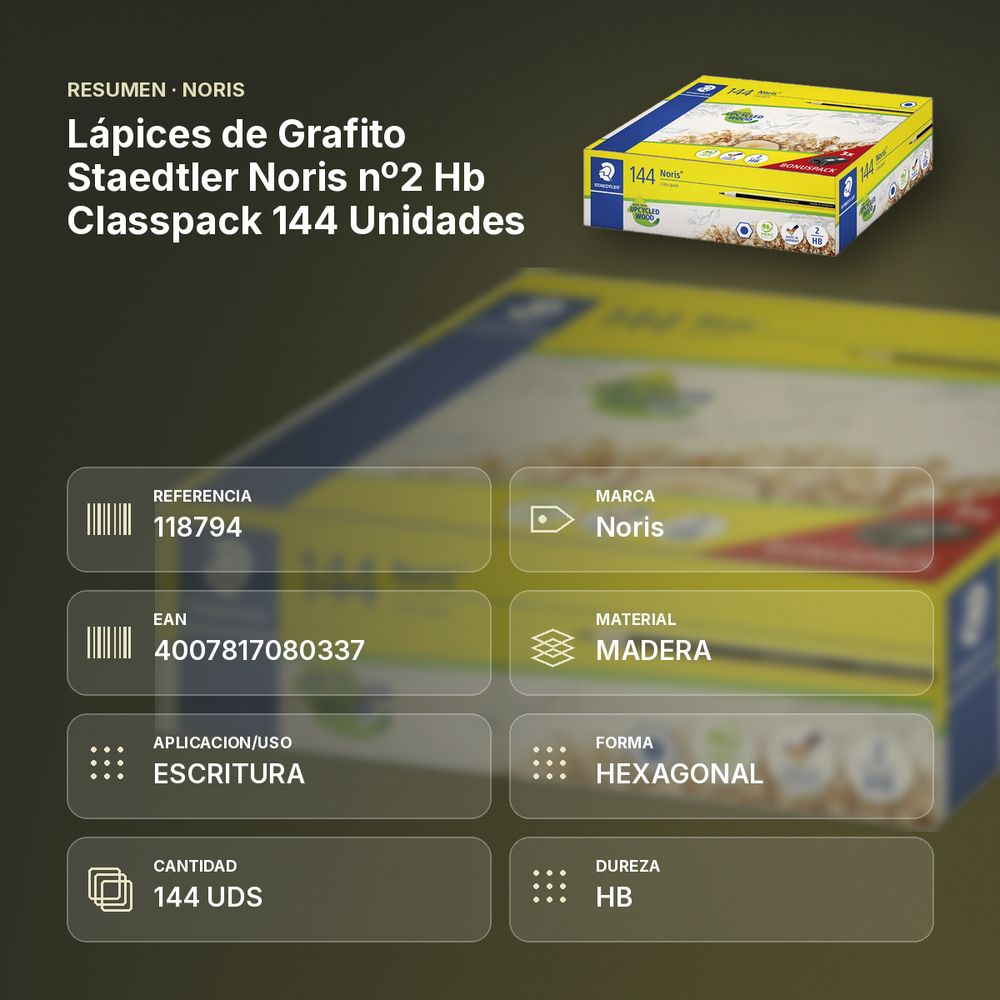 LÁPICES DE GRAFITO STAEDTLER NORIS Nº2 HB CLASSPACK 144 UNIDADES - resumen de atributos