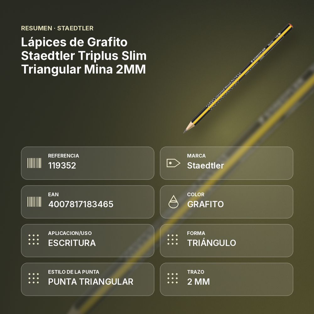 LÁPICES DE GRAFITO STAEDTLER TRIPLUS SLIM TRIANGULAR MINA 2MM - resumen de atributos