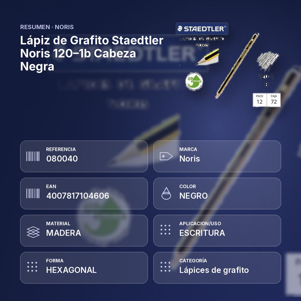 LÁPIZ DE GRAFITO STAEDTLER NORIS 120–1B CABEZA  NEGRA - resumen de atributos