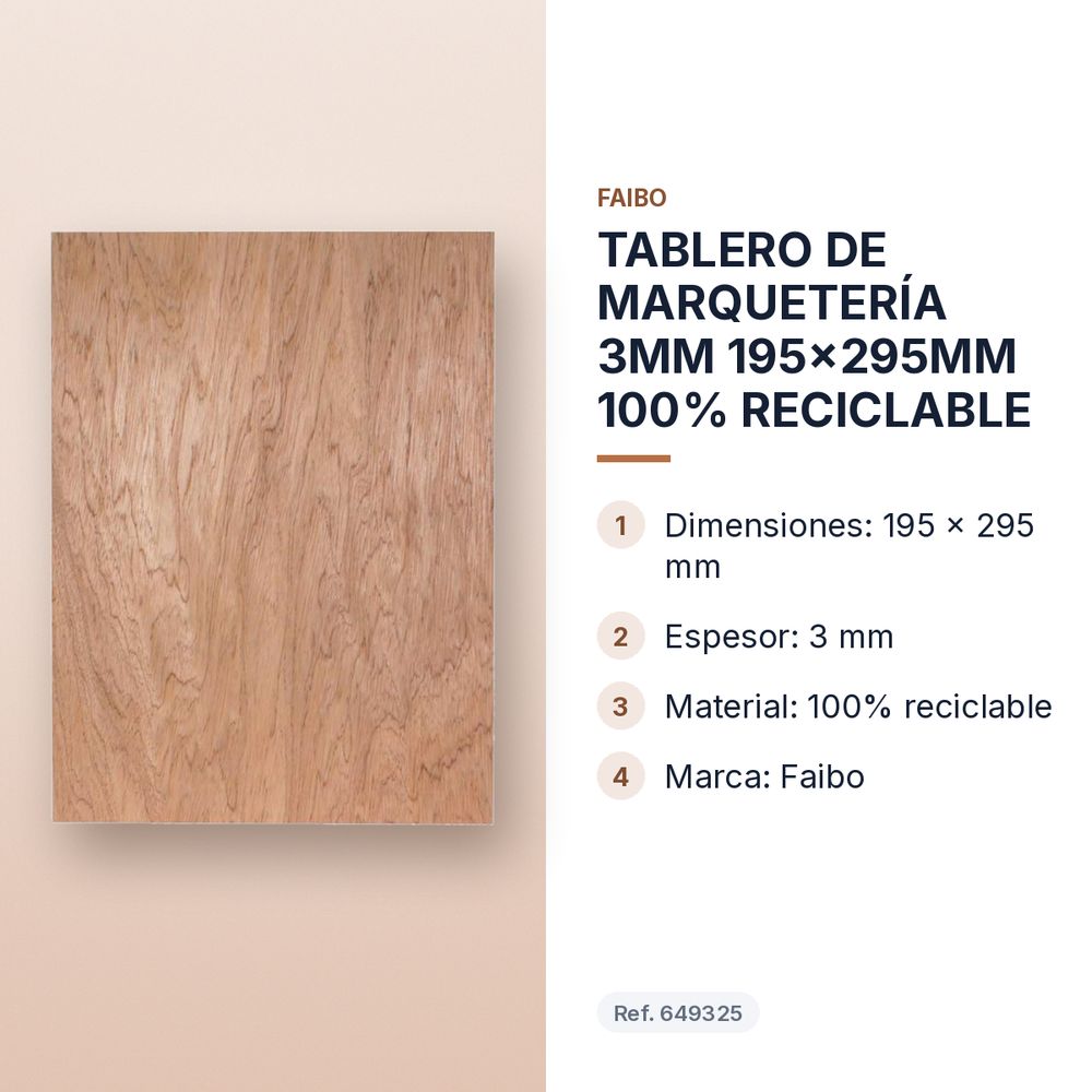 TABLERO DE MARQUETERÍA 3MM 195x295MM 100% RECICLABLE - características principales