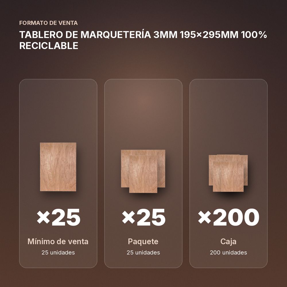TABLERO DE MARQUETERÍA 3MM 195x295MM 100% RECICLABLE - formato de venta: paquete de 25, caja de 200