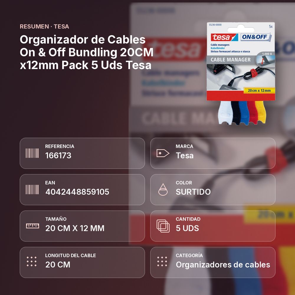 ORGANIZADOR DE CABLES ON & OFF BUNDLING 20CM X12MM PACK 5 UDS TESA - resumen de atributos