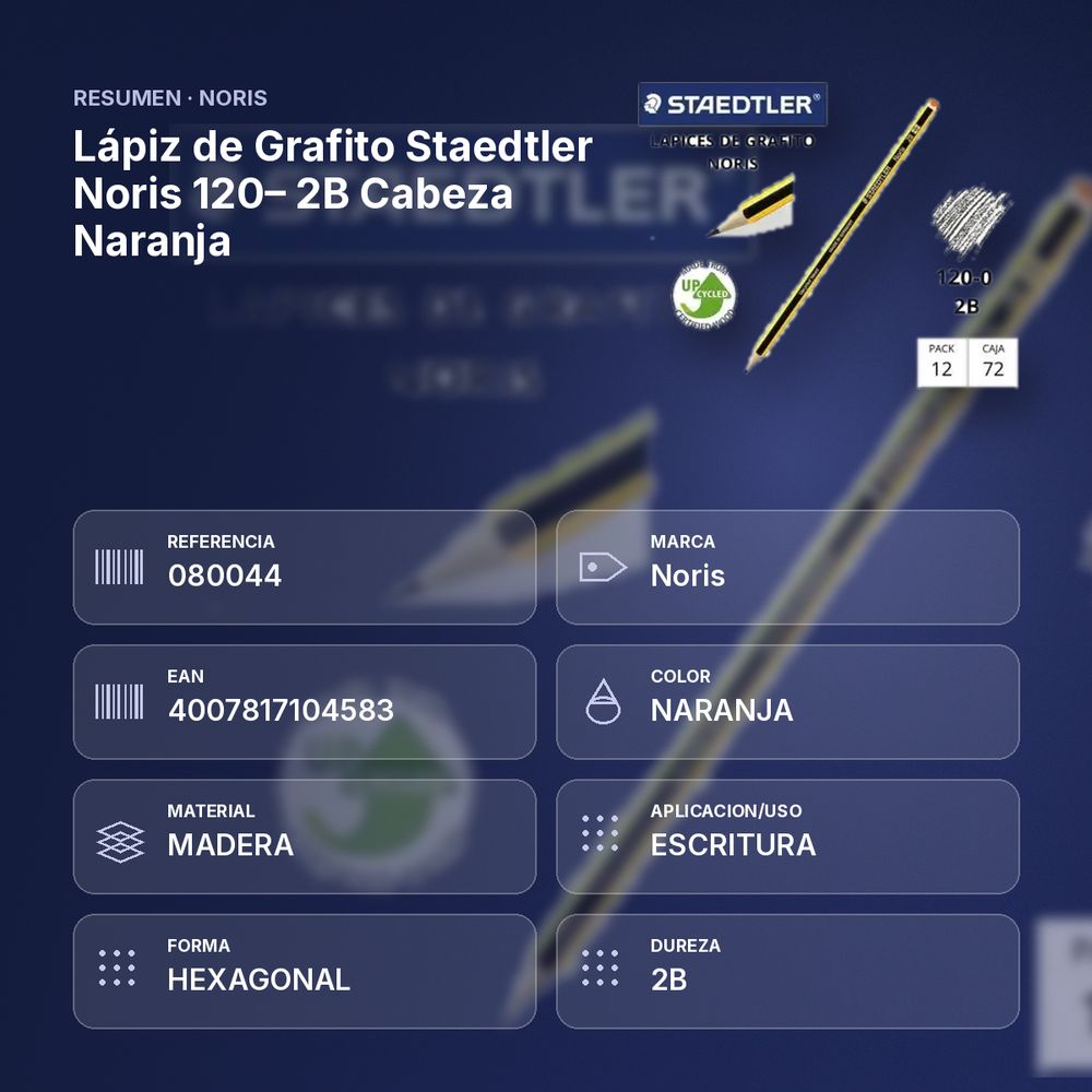 LÁPIZ DE GRAFITO STAEDTLER NORIS 120– 2B CABEZA  NARANJA - resumen de atributos