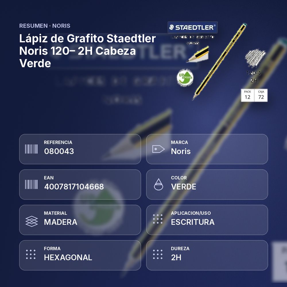 LÁPIZ DE GRAFITO STAEDTLER NORIS 120– 2H CABEZA  VERDE - resumen de atributos