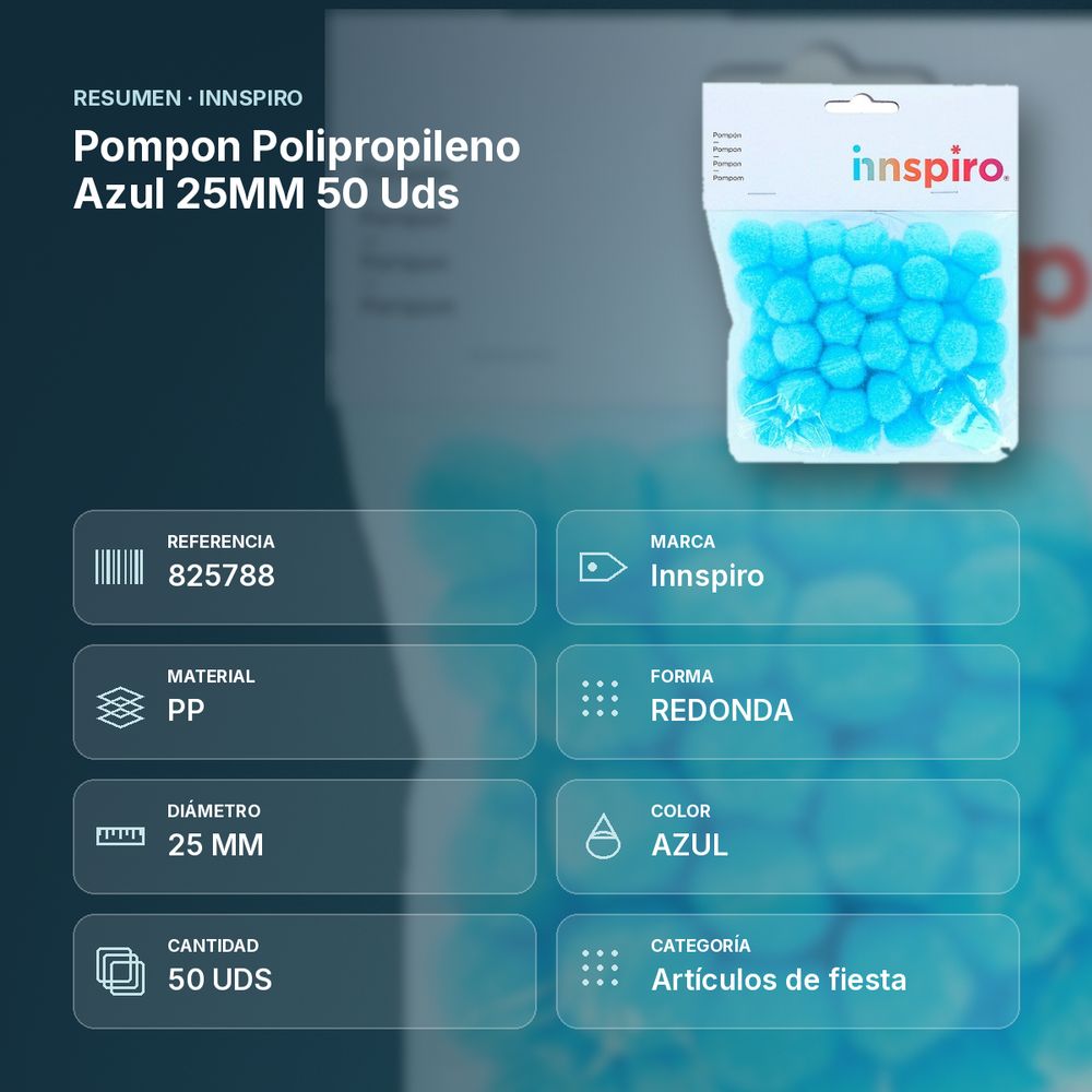 POMPON POLIPROPILENO AZUL 25MM 50 UDS - resumen de atributos