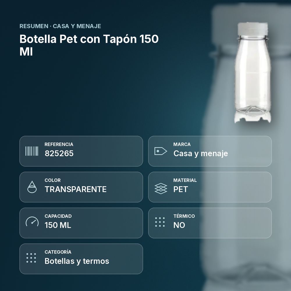 BOTELLA PET CON TAPÓN 150 ML - resumen de atributos