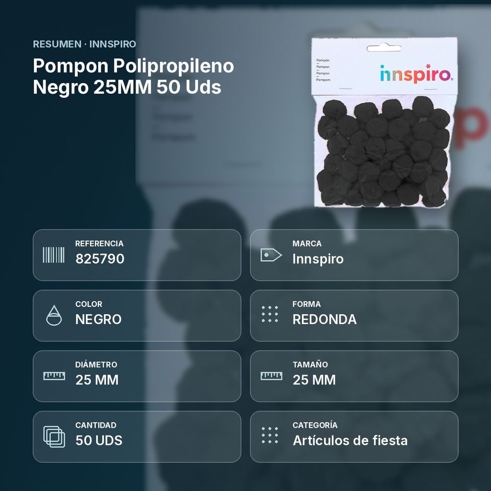 POMPON POLIPROPILENO NEGRO 25MM 50 UDS - resumen de atributos