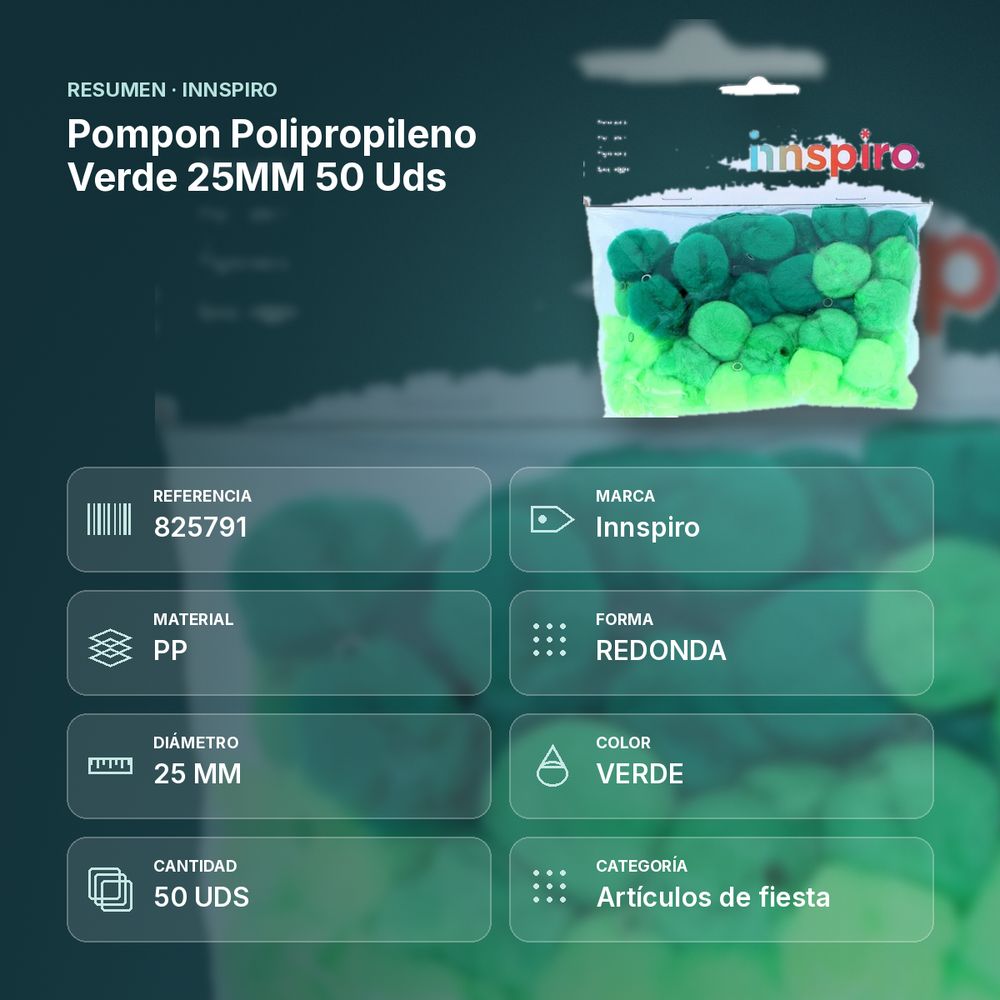 POMPON POLIPROPILENO VERDE 25MM 50 UDS - resumen de atributos