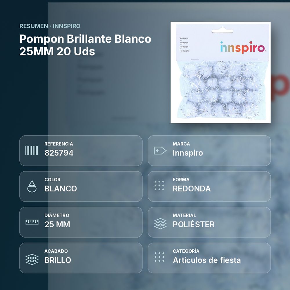 POMPON BRILLANTE BLANCO 25MM 20 UDS - resumen de atributos
