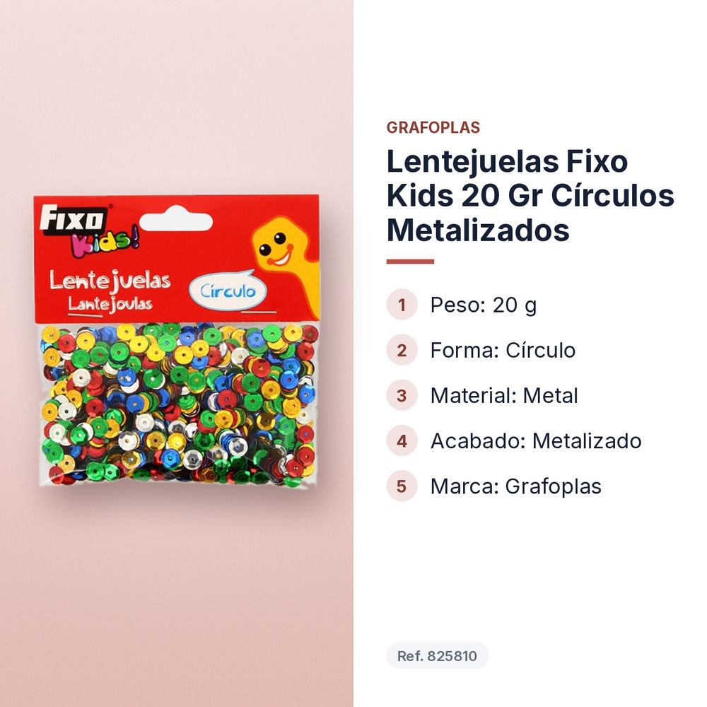 LENTEJUELAS FIXO KIDS 20 GR CÍRCULOS METALIZADOS - características principales