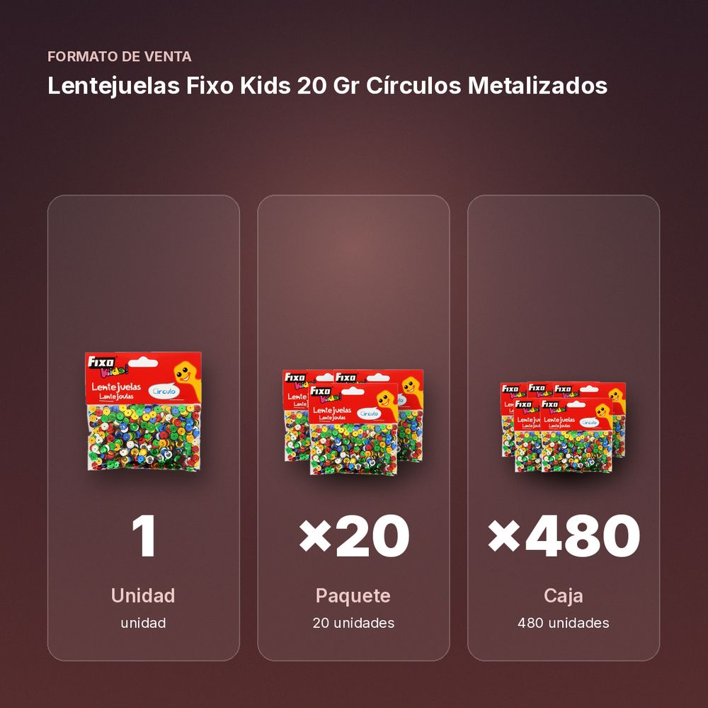 LENTEJUELAS FIXO KIDS 20 GR CÍRCULOS METALIZADOS - formato de venta: paquete de 20, caja de 480