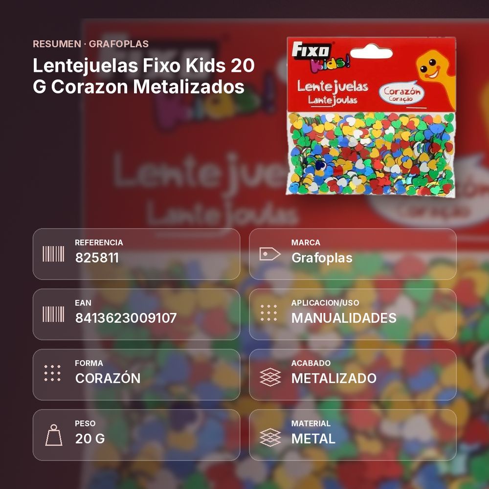 LENTEJUELAS FIXO KIDS 20 G CORAZON METALIZADOS - resumen de atributos