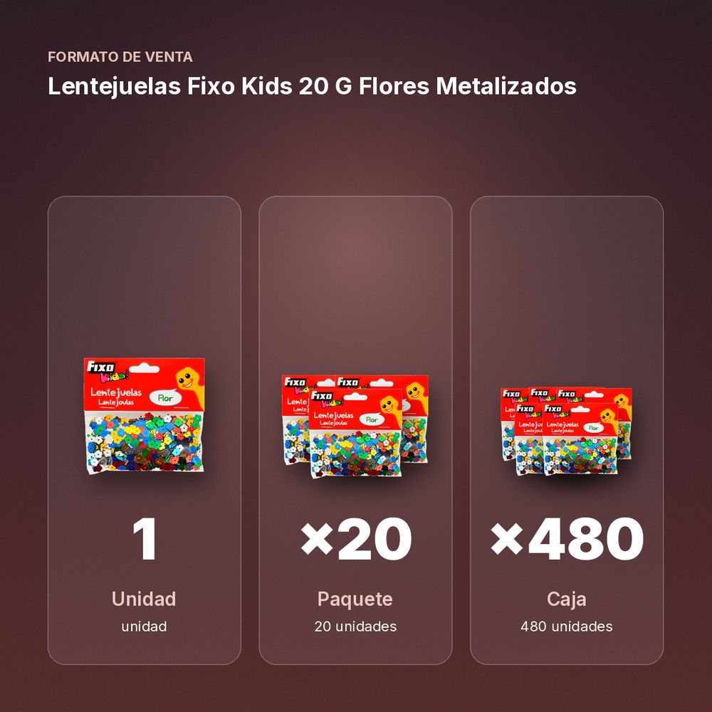 LENTEJUELAS FIXO KIDS 20 G FLORES METALIZADOS - formato de venta: paquete de 20, caja de 480