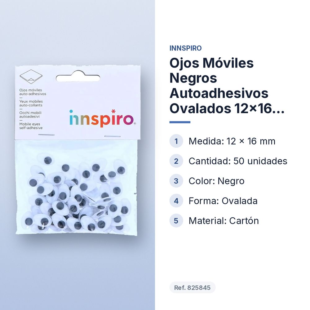 OJOS MÓVILES NEGROS AUTOADHESIVOS OVALADOS 12×16 MM 50 UNIDADES INNSPIRO - características principales