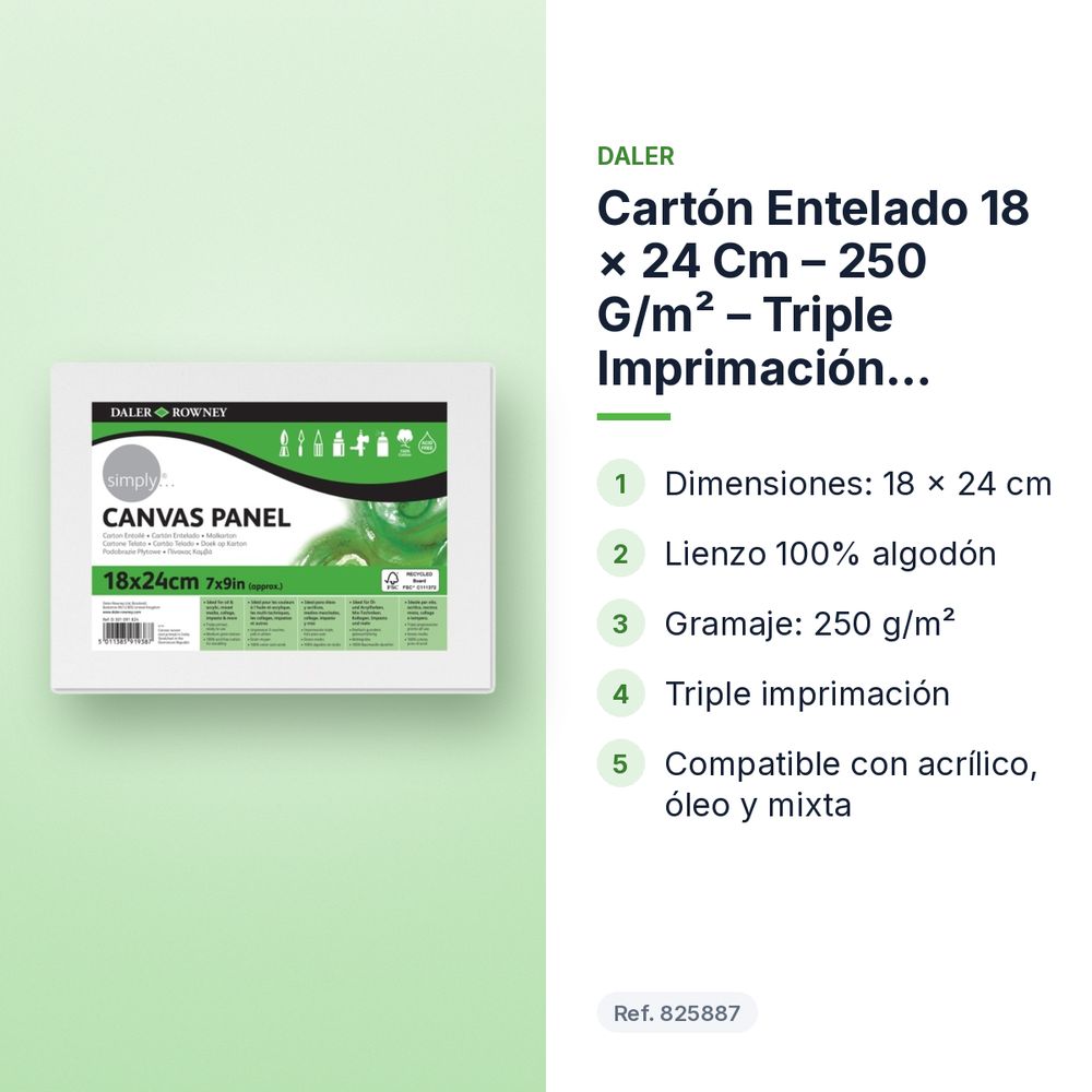 CARTÓN ENTELADO 18 × 24 CM – 250 G/M² – TRIPLE IMPRIMACIÓN DALER-ROWNEY SIMPLY - características principales