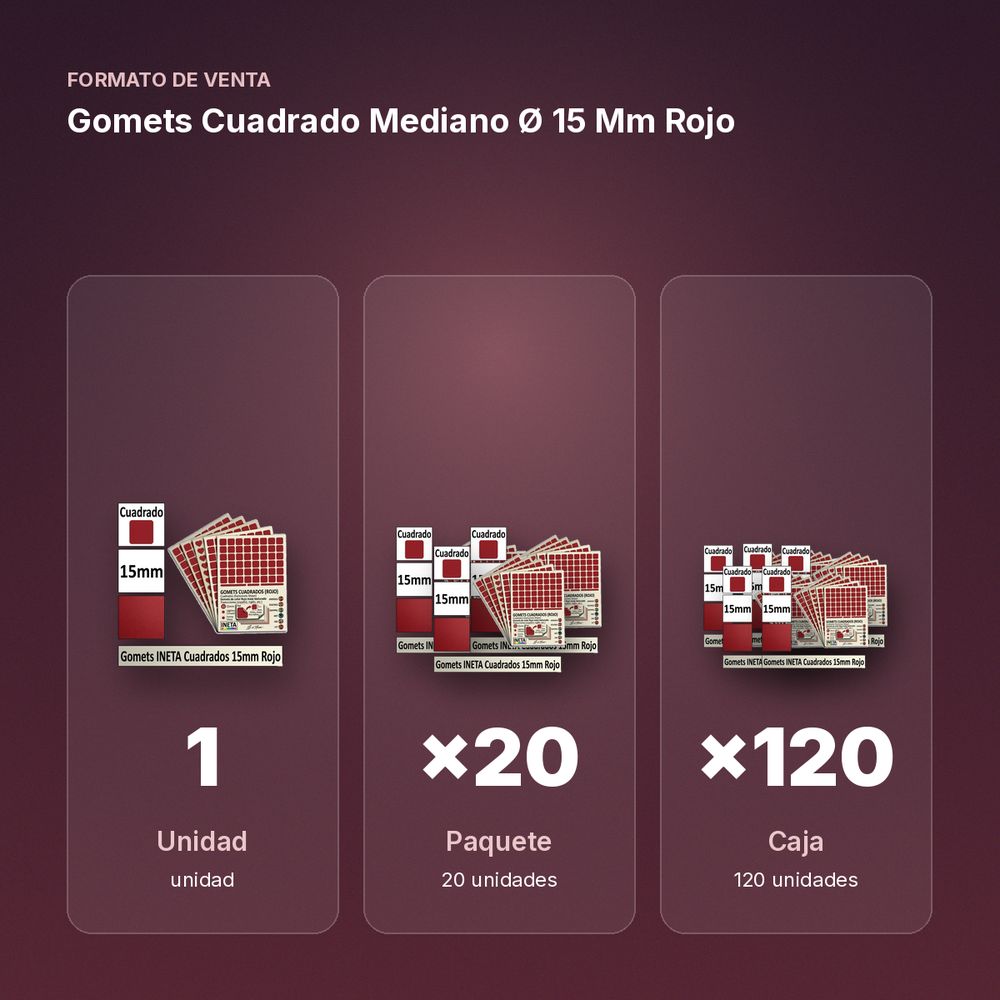 GOMETS CUADRADO MEDIANO Ø 15 MM ROJO - formato de venta: paquete de 20, caja de 120