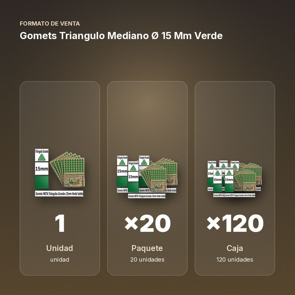 GOMETS TRIANGULO MEDIANO Ø 15 MM VERDE - formato de venta: paquete de 20, caja de 120