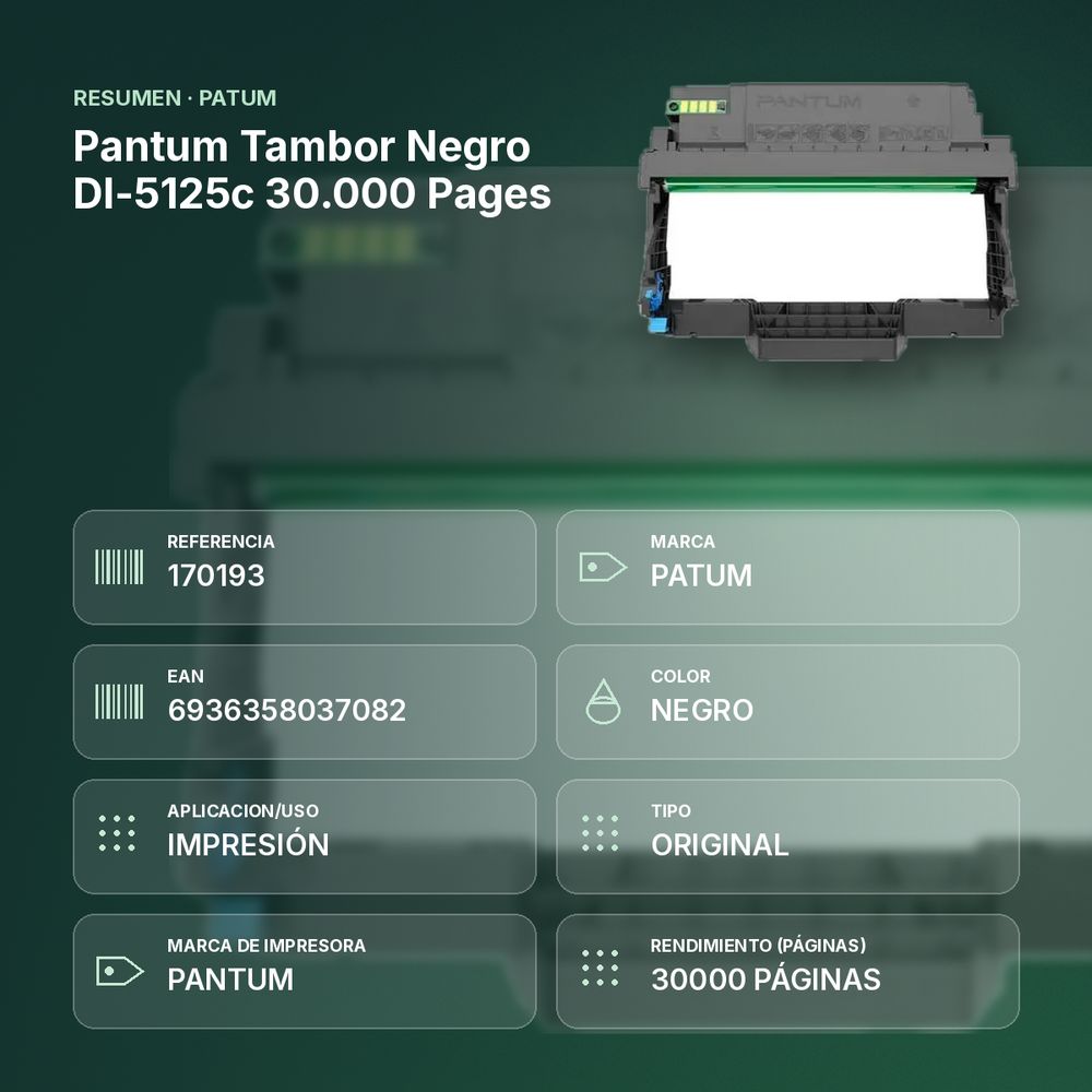 PANTUM TAMBOR NEGRO DL-5125C 30.000 PAGES - resumen de atributos