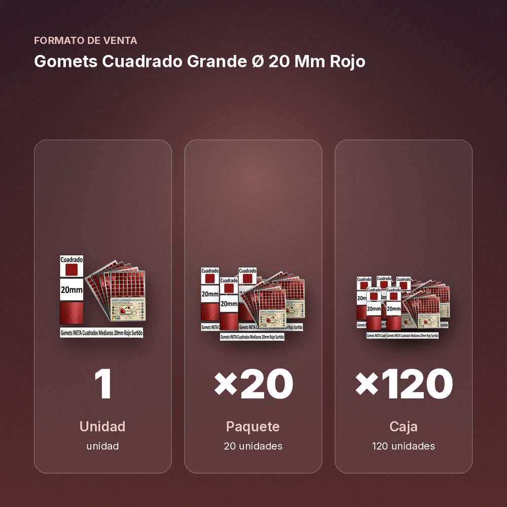 GOMETS CUADRADO GRANDE Ø 20 MM ROJO - formato de venta: paquete de 20, caja de 120