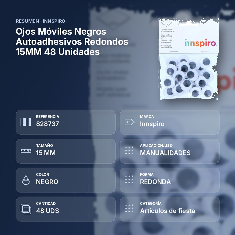 OJOS MÓVILES NEGROS AUTOADHESIVOS REDONDOS 15MM 48 UNIDADES - resumen de atributos
