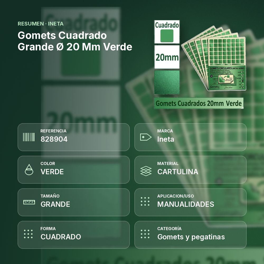  GOMETS CUADRADO GRANDE Ø 20 MM VERDE - resumen de atributos