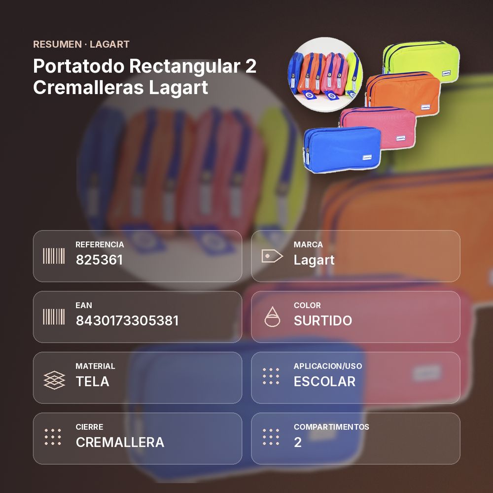 PORTATODO RECTANGULAR 2 CREMALLERAS LAGART - resumen de atributos