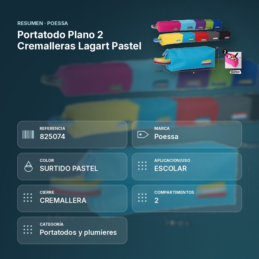 PORTATODO PLANO 2 CREMALLERAS LAGART  PASTEL - resumen de atributos
