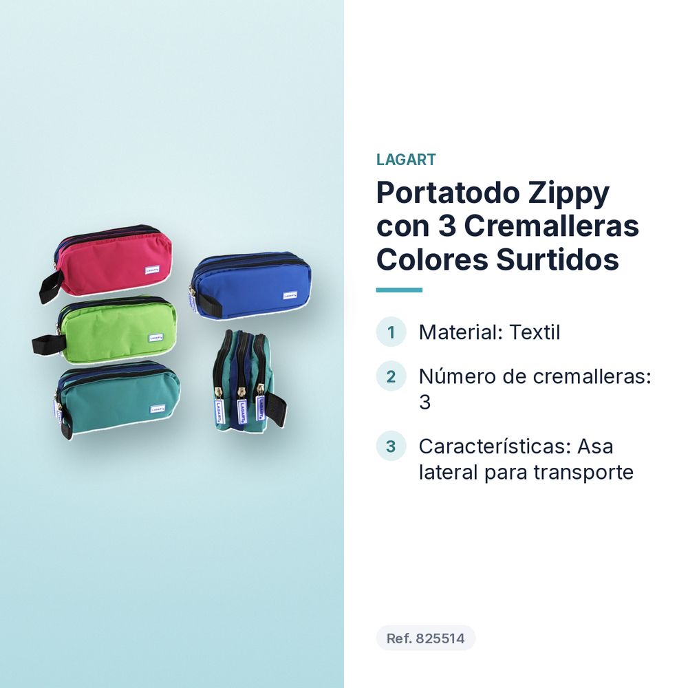 PORTATODO ZIPPY CON 3 CREMALLERAS COLORES SURTIDOS - características principales