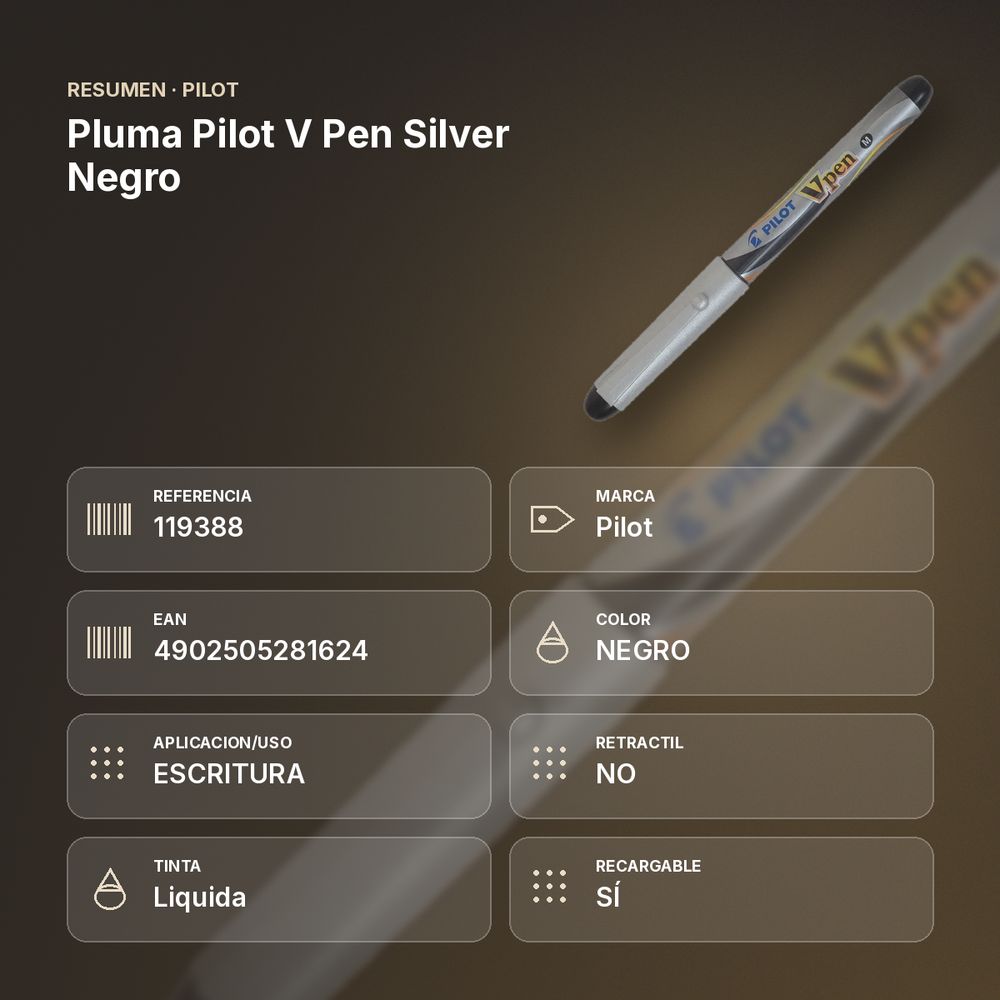PLUMA PILOT V PEN SILVER NEGRO - resumen de atributos