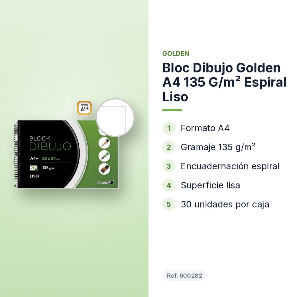 BLOC DIBUJO GOLDEN A4 135 G/M² ESPIRAL LISO - características principales