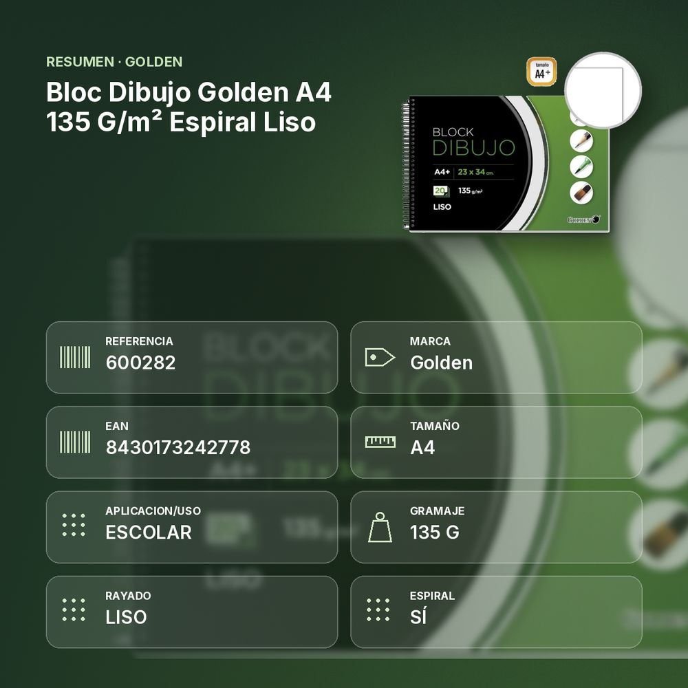 BLOC DIBUJO GOLDEN A4 135 G/M² ESPIRAL LISO - resumen de atributos