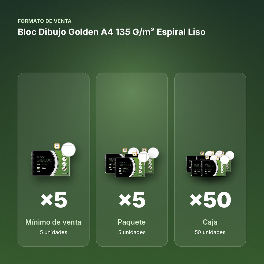 BLOC DIBUJO GOLDEN A4 135 G/M² ESPIRAL LISO - formato de venta: paquete de 5, caja de 50