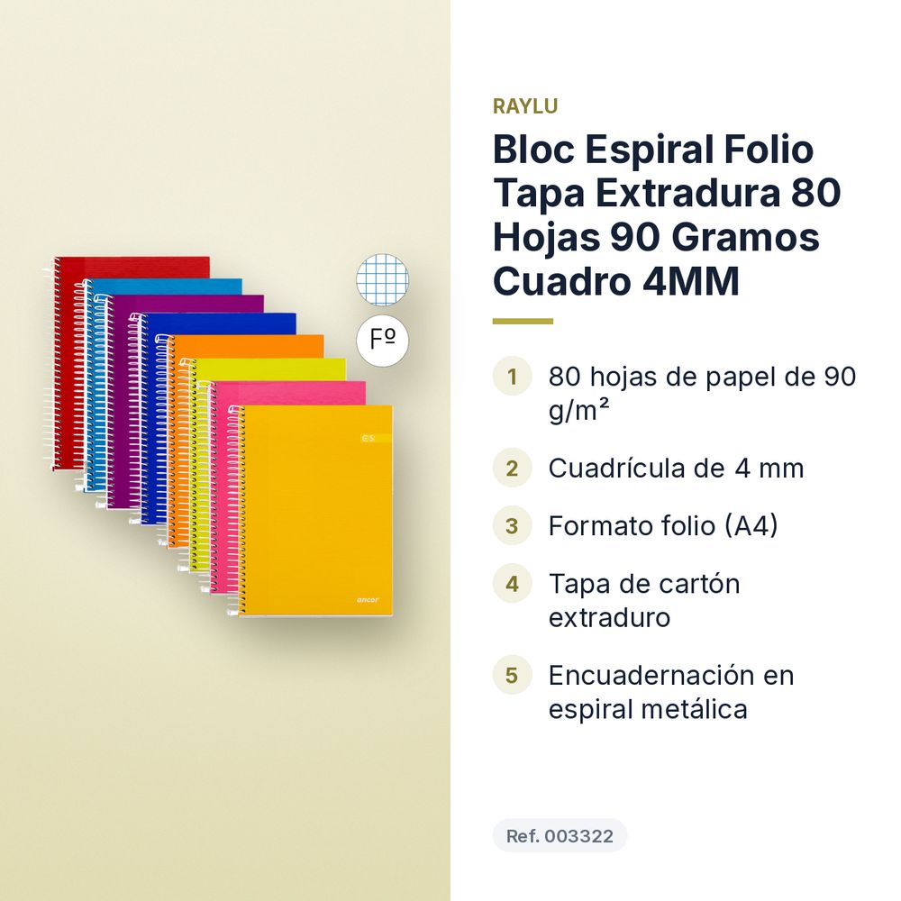 BLOC ESPIRAL FOLIO TAPA EXTRADURA 80 HOJAS 90 GRAMOS CUADRO 4MM - características principales