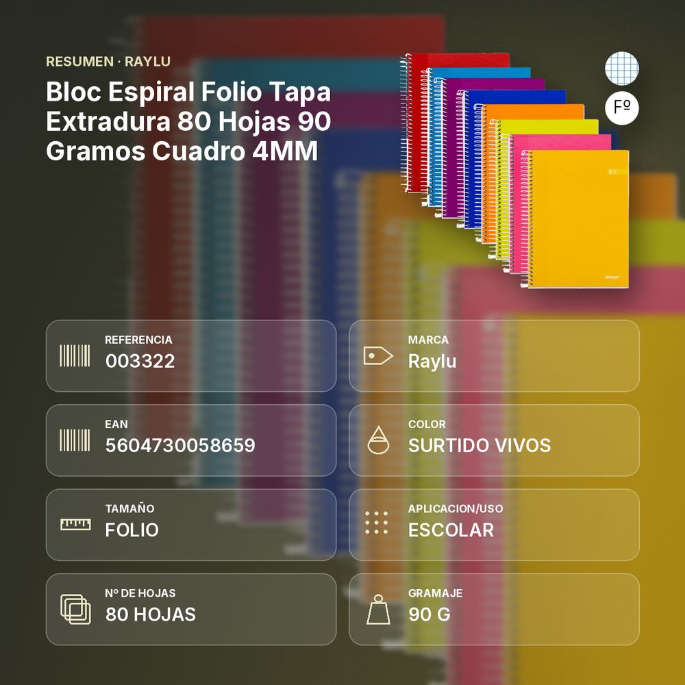 BLOC ESPIRAL FOLIO TAPA EXTRADURA 80 HOJAS 90 GRAMOS CUADRO 4MM - resumen de atributos