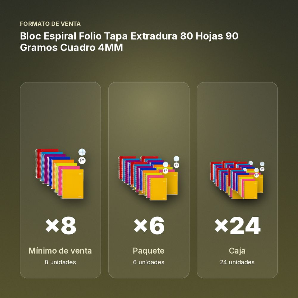 BLOC ESPIRAL FOLIO TAPA EXTRADURA 80 HOJAS 90 GRAMOS CUADRO 4MM - formato de venta: paquete de 6, caja de 24, palé de 1200