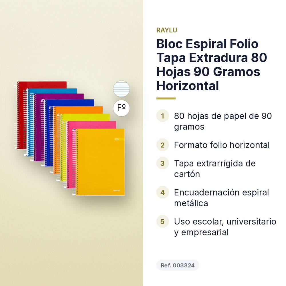 BLOC ESPIRAL FOLIO TAPA EXTRADURA 80 HOJAS 90 GRAMOS HORIZONTAL - características principales