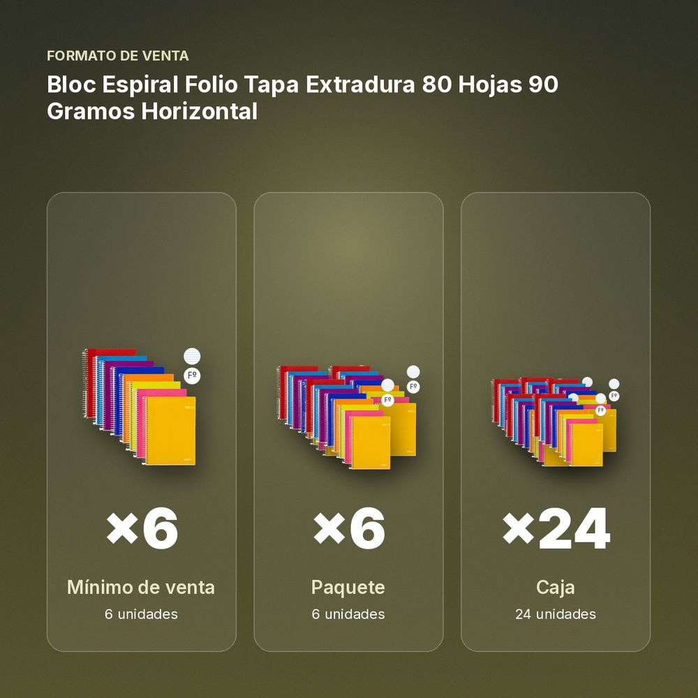 BLOC ESPIRAL FOLIO TAPA EXTRADURA 80 HOJAS 90 GRAMOS HORIZONTAL - formato de venta: paquete de 6, caja de 24, palé de 1200