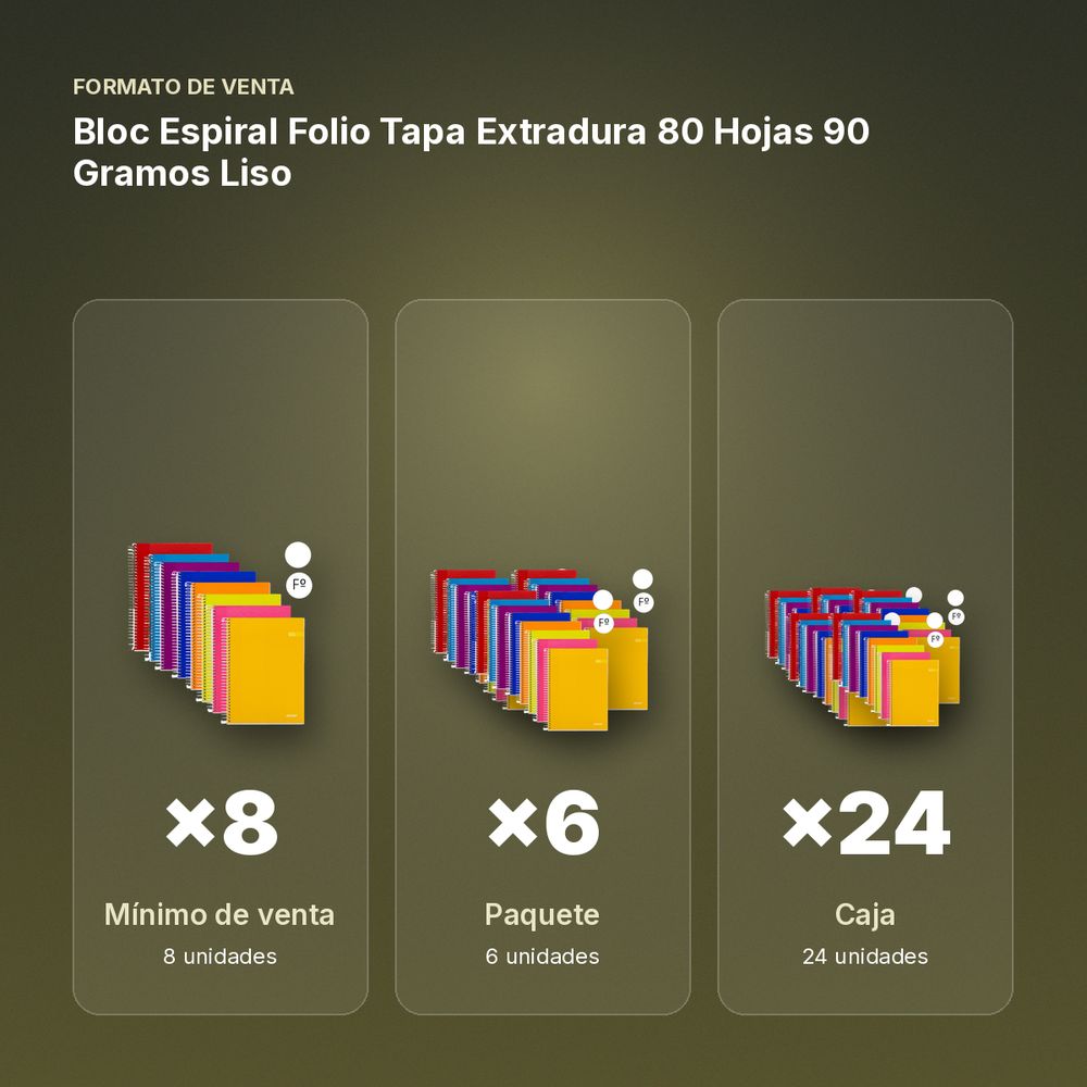 BLOC ESPIRAL FOLIO TAPA EXTRADURA 80 HOJAS 90 GRAMOS LISO - formato de venta: paquete de 6, caja de 24, palé de 1200