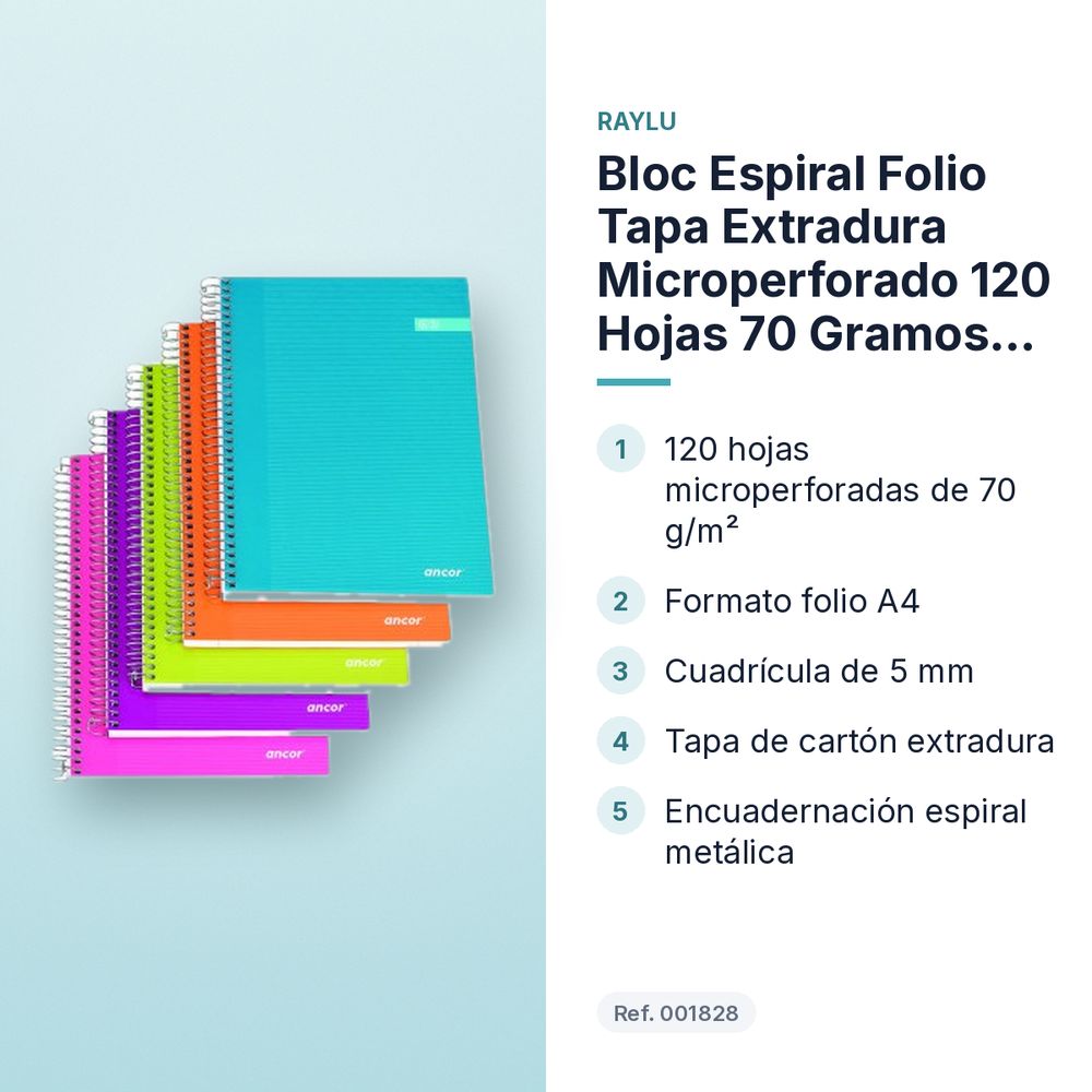 BLOC ESPIRAL FOLIO TAPA EXTRADURA MICROPERFORADO 120 HOJAS 70 GRAMOS CUADRO 5MM - características principales