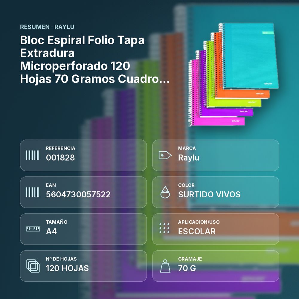 BLOC ESPIRAL FOLIO TAPA EXTRADURA MICROPERFORADO 120 HOJAS 70 GRAMOS CUADRO 5MM - resumen de atributos