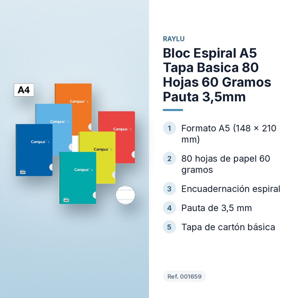 BLOC ESPIRAL A5 TAPA BASICA 80 HOJAS 60 GRAMOS PAUTA 3,5MM - características principales