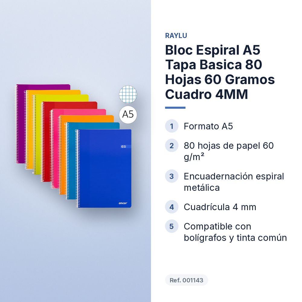 BLOC ESPIRAL A5 TAPA BASICA 80 HOJAS 60 GRAMOS CUADRO 4MM - características principales
