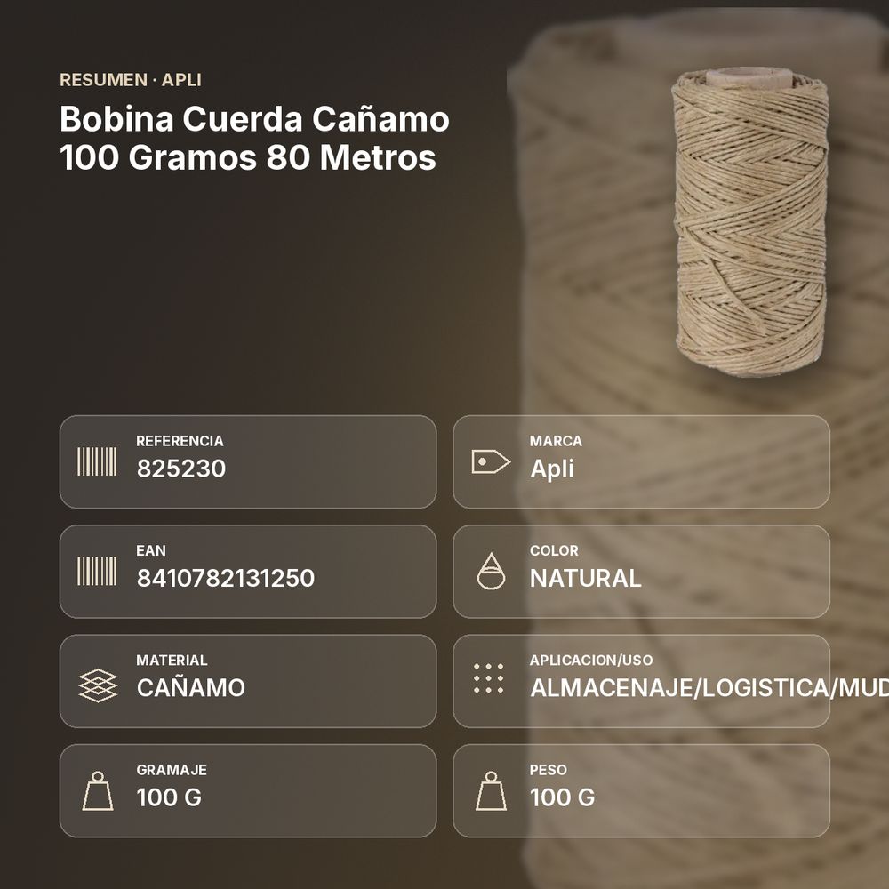 BOBINA CUERDA CAÑAMO 100 GRAMOS 80 METROS - resumen de atributos