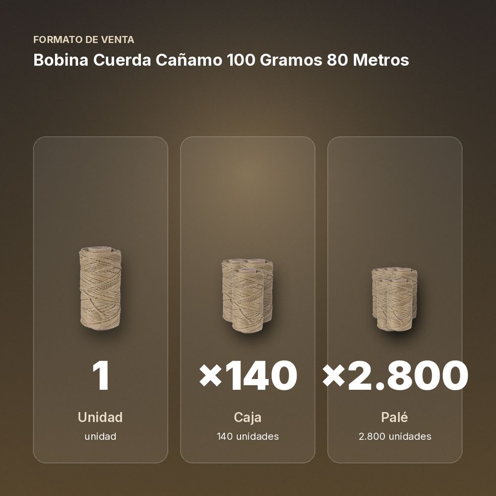 BOBINA CUERDA CAÑAMO 100 GRAMOS 80 METROS - formato de venta: caja de 140, palé de 2800