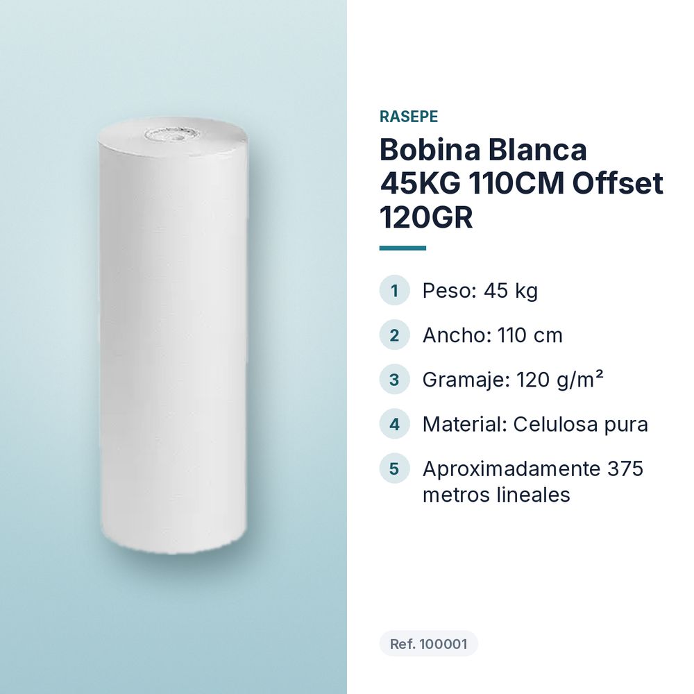 BOBINA BLANCA 45KG 110CM OFFSET 120GR - características principales